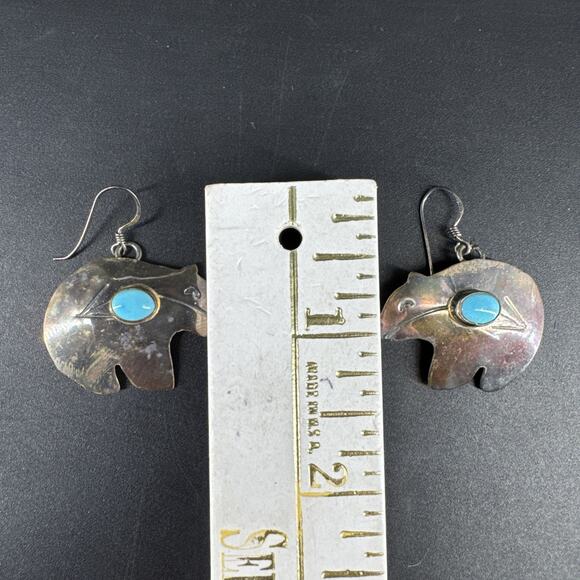 Native American Earrings Sterling Silver Bear Shaped Turquoise Stamped H. Wood - Picture 10 of 12